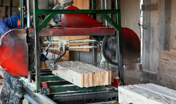 istock Working tape sawmill in action, close-up 1222854778