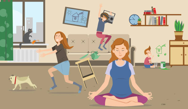 Calm peaceful mother meditating in lotus pose Calm peaceful mother meditating in lotus pose while mischievous naughty children and pet making chaos in room. Vector illustration for stress relief, isolation, parenthood concept meditation room stock illustrations