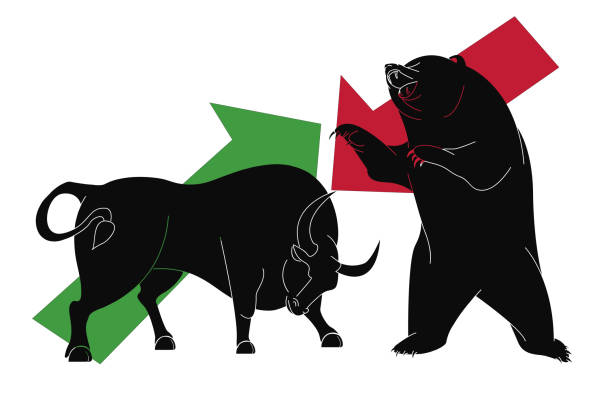 Bull and bear Vector of bear and bull fighting on the financial market. bull market illustrations stock illustrations