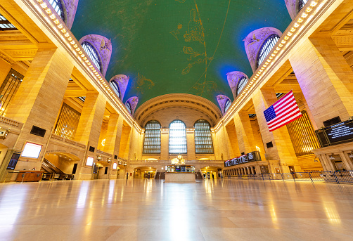 Manhattan, New York, USA - 5/3/2020: Empty Grand Central Station due to the lockdown in the New York City from the COVID-19 pandemic