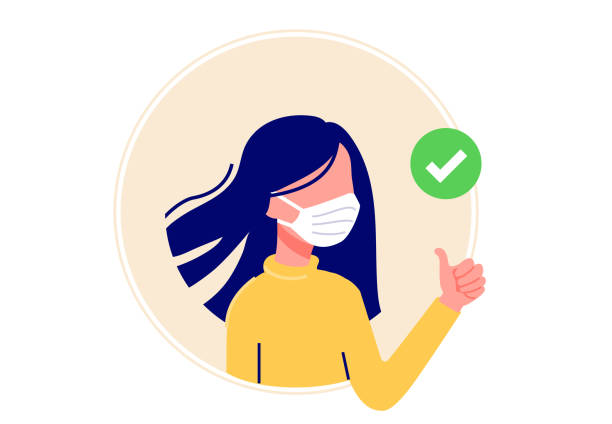 Wearing face mask vector illustration in flat design. Woman in protective medical masks. Protection from virus (coronavirus), bacterium, urban air pollution, smog, pollutant gas emission. vector art illustration