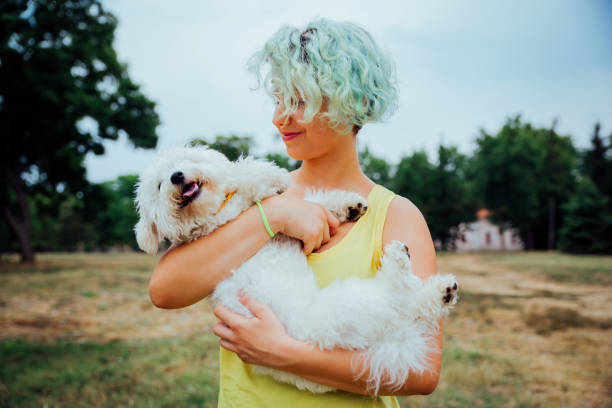 istock Young woman holding cute little dog 1222859965