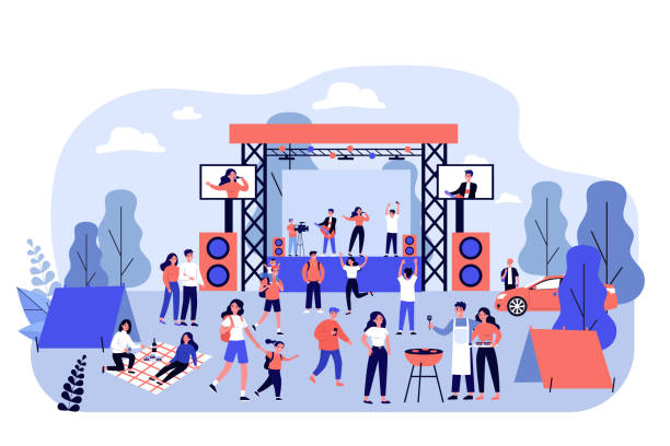 Outdoor rock concert and food festival Outdoor rock concert and food festival. Crowd of people listening to music in park, enjoying camping, picnic and barbecue. Vector illustration for open air party, leisure, event concept entertainment event stock illustrations