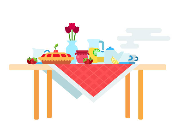 Serving table for tea drinking vector icon flat isolated Tea set, hot tea, jam, fruit cake, lemonade and a vase of flowers on a wooden table with a red tablecloth vector flat icon isolated on white ice pie stock illustrations