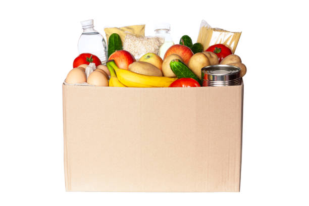 food box isolated on white background - food donation box groceries canned food imagens e fotografias de stock