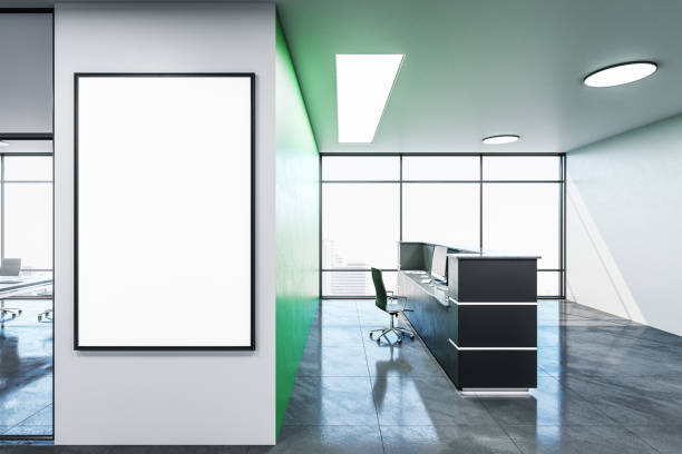 istock Modern office hall with blank banner on wall. 1222861331
