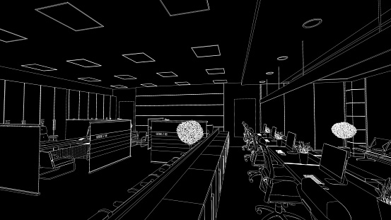 large open space office perspective draw on black background  sketch  3D rendering