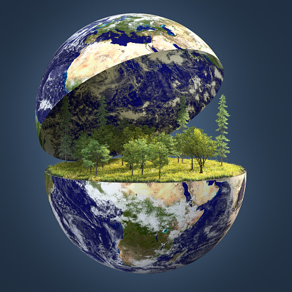 Environment Concept -Meadow With Trees And Blue Cloudy Sky In Globe With Clipping Path map texture credits to NASA: https://visibleearth.nasa.gov/images/74218
