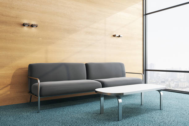 istock Modern waiting room with sofa and city view. 1222862439