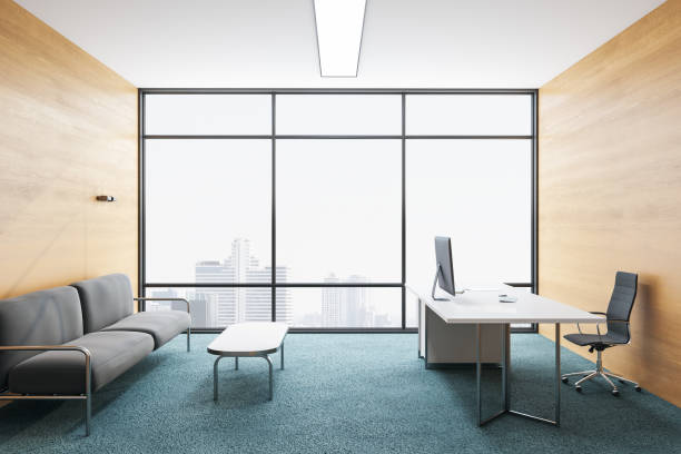 istock Wooden contemporary office with computer 1222862478
