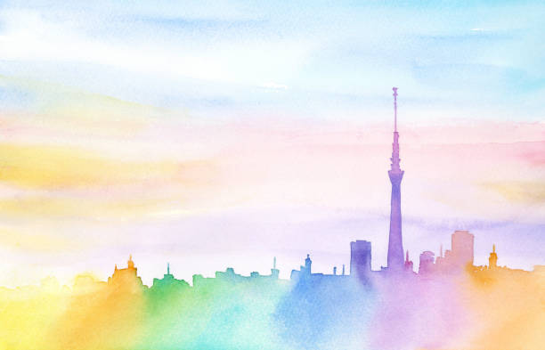 水彩画で描かれた虹の町。 - tokyo prefecture tokyo tower japan cityscape点のイラスト素材／クリップアート素材／マンガ素材／アイコン素材