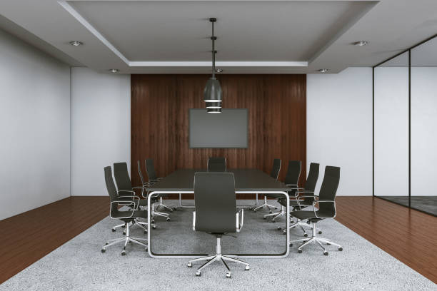 istock Contemporary meeting room interior with blank tv screen 1222862666