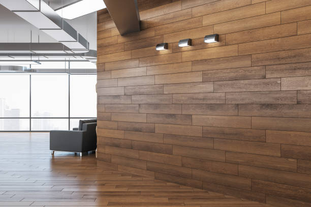 istock Modern office interior with blank wooden wall. 1222862780