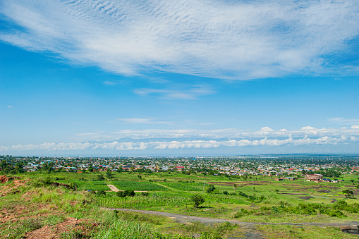 Panoramic view of Bujumbura, the capital city of Burundi in central Africa. In the background Lake Tanganyika and also the mountains of the neighboring country DR Congo are visible.