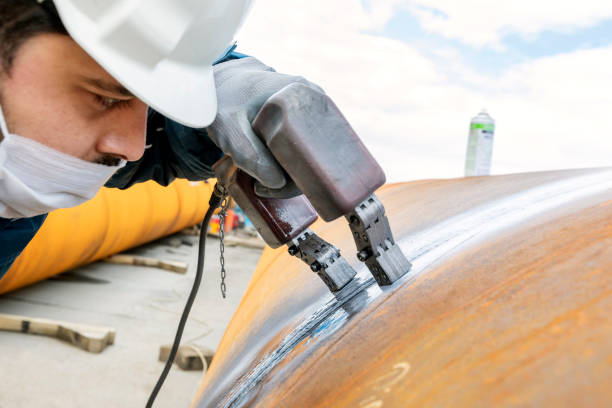 Inspector is testing to weld with magnetic particle test method. It is a nondestructive examination (NDE) technique used to detect surface and slightly subsurface flaws in most ferromagnetic material. Inspector is testing to weld with magnetic particle test method. It is a nondestructive examination (NDE) technique used to detect surface and slightly subsurface flaws in most ferromagnetic material. magnetic-particle stock pictures, royalty-free photos & images