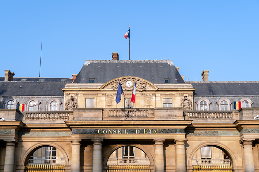 Paris, France - February 09 2020: French Council of State (Conseil d'etat) located in the Palais Royal - Paris, France. It is a French public institution created in 1799 by Napoleon Bonaparte.
