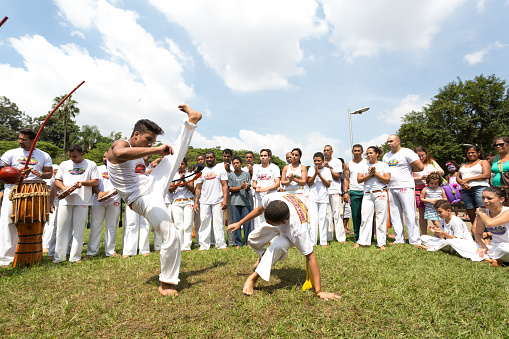 Sao Paulo, Brazil, 03 April 2016. Group of Brazilian capoeiristas performing at the Ibirapuera Park in Sao Paulo, Brazil.