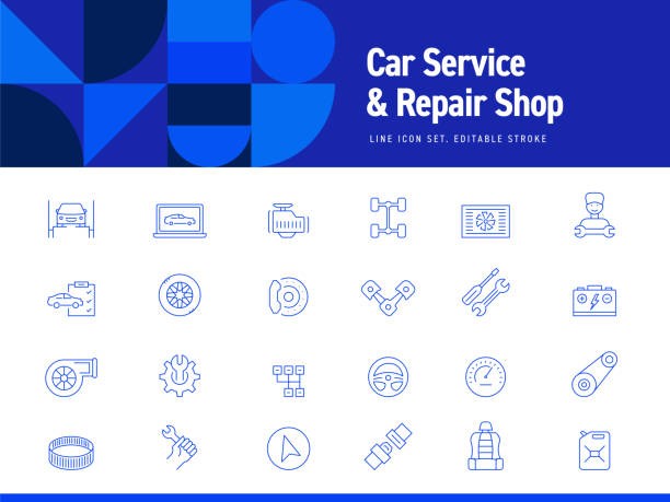 ilustrações, clipart, desenhos animados e ícones de conjunto de ícones de linha relacionadas ao serviço de carro e manutenção. curso editável. ícones de contorno simples. - exhaust pipe oil change auto repair shop car