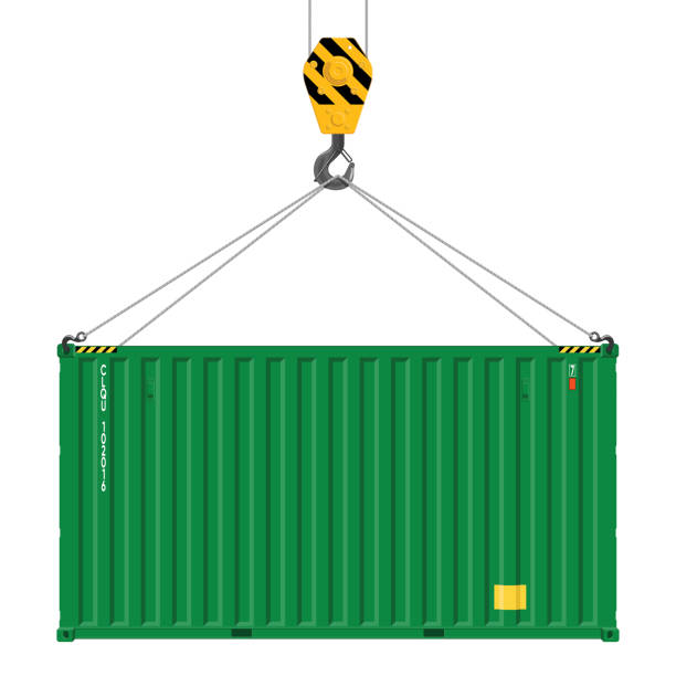 istock Crane lifts with cargo container. Industrial crane hook and Transportation Container isolated on white background. Freight Shipping concept. 1222868281