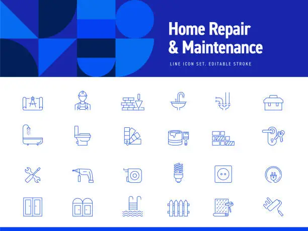 Vector illustration of Set of Home Repair and Maintenance Related Line Icons. Editable Stroke. Simple Outline Icons.