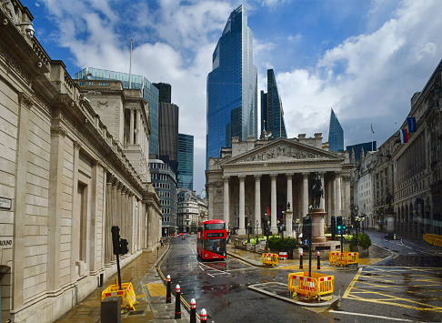 Threadneedle Street and the Bank of England, Royal Exchange - empty and abandoned during the Corvid 19 pandemic lock down