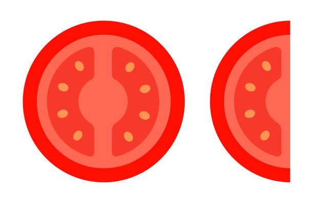 Round and wedge slices of tomato flat icon vector isolated Round slice of tomato and a wedge of tomato flat single icon vector isolated on white tomato slice stock illustrations