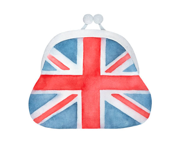 ilustrações de stock, clip art, desenhos animados e ícones de water color illustration of elegant coin purse with red and blue union jack flag pattern. one single object. hand painted watercolour sketchy drawing, cutout clip art element for creative design. - european union coin european union currency coin isolated objects