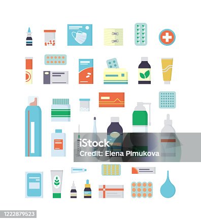 istock Set of medications, drugs, pills and bottles for first aid kit and medical cabinet. 1222879523