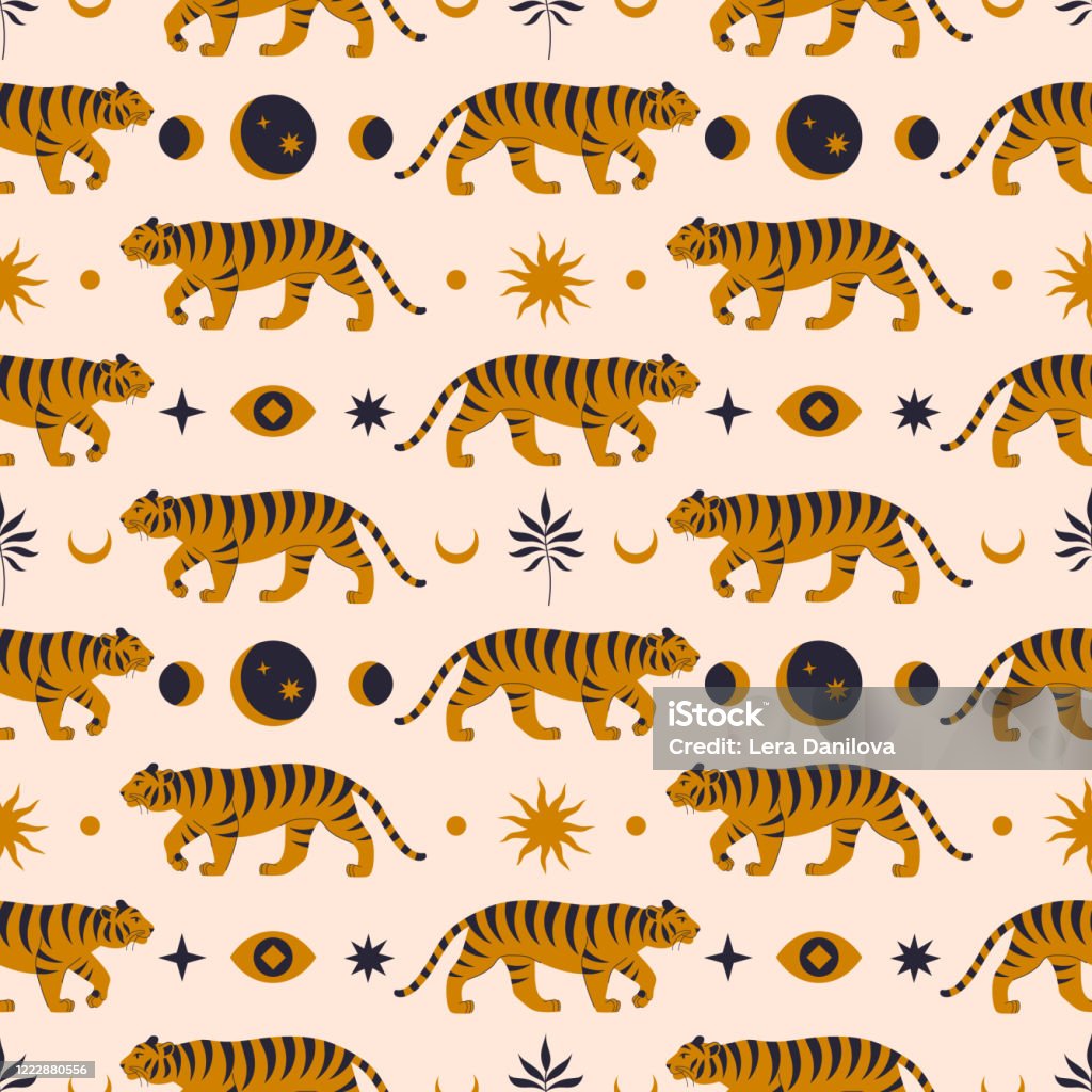 Seamless Pattern With Chinese Tigers In Boho Asian Style Beautiful Animal  Print Design For Fabric Wall Art Interior Packaging Floral Branch Crescent  Moon Star Eye Magic Mystery Concept Stock Illustration - Download