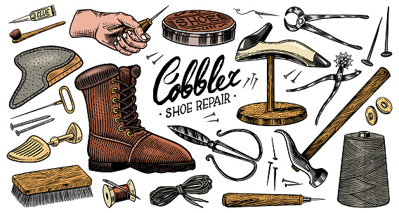 Cobbler set. Professional equipments for Shoe repair. Shoemaker or bootmaker. Cream Hammer Awl Brush Thread Glue Shoe and Calligraphic lettering. Hand drawn engraved old sketch for label or poster
