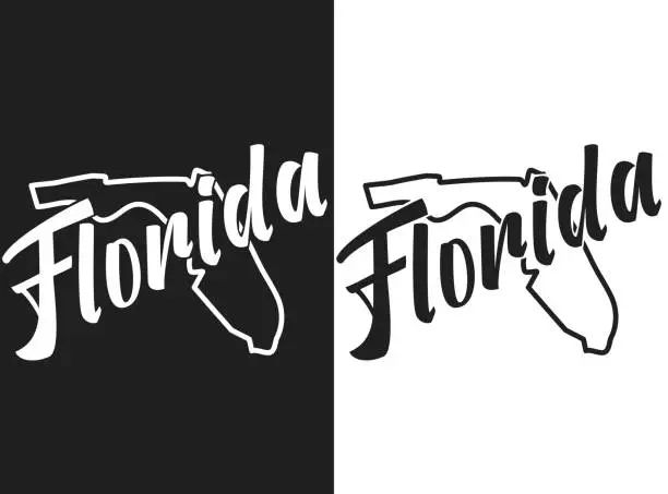 Vector illustration of Florida vector logo poster. Illustration of the USA state emblema. The US state contour on the black and white background. Lettering and outline of the territory of the United States of America