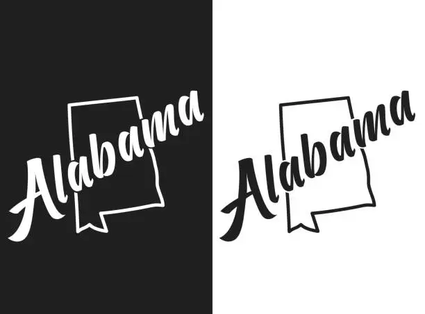 Vector illustration of Alabama vector logo. Illustration of the USA state emblema. The US state contour on the black and white background. Lettering and outline of the territory of the United States of America