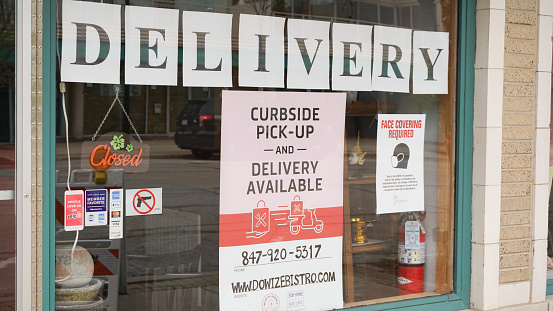 A suburban Chicago (Wilmette) restaurant offers pick up and delivery service during the Coronavirus pandemic.
