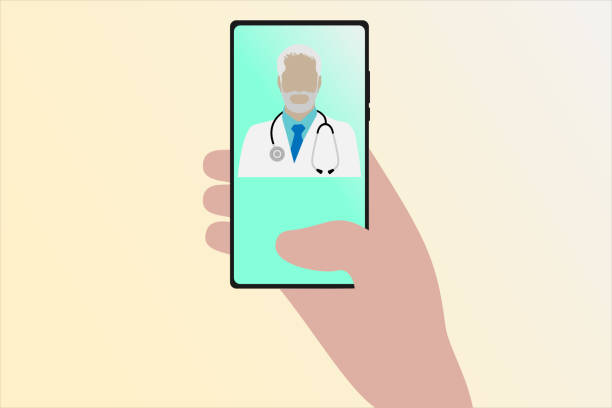 ilustrações de stock, clip art, desenhos animados e ícones de online health exam with a doctor and a smartphone vector illustration - telephone doctor medical exam healthcare and medicine