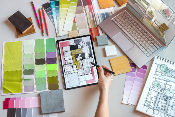 istock Creative freelancer (Architect -Interior designer) drawing illustration on tablet / Home improvement concept 1222886442