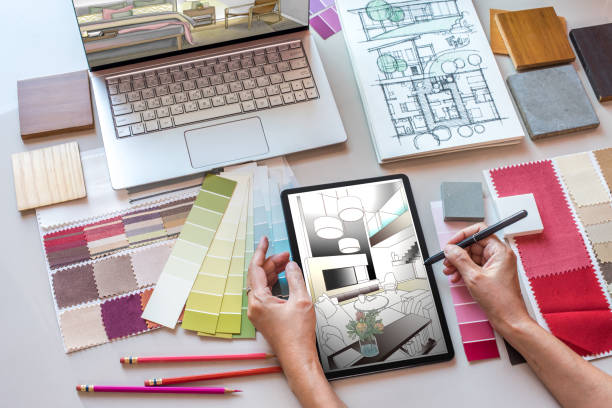 istock Creative freelancer (Architect -Interior designer) drawing illustration on tablet / Home improvement concept 1222886458