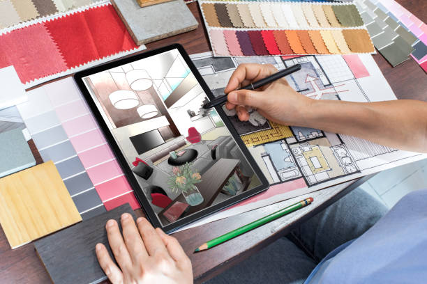 istock Creative freelancer (Architect -Interior designer) drawing illustration on tablet / Home improvement concept 1222886466