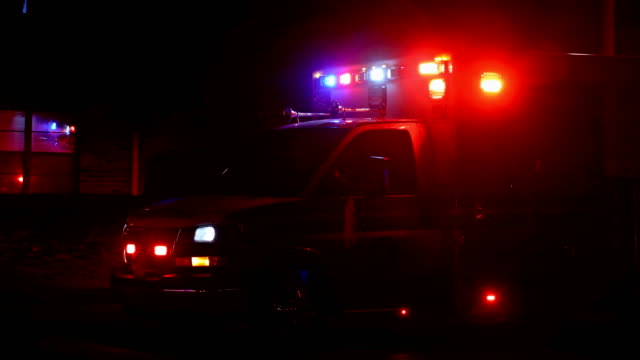 NewYork NY US. 02 MAY 2020: Ambulance flashes its lights during a paramedics with night city