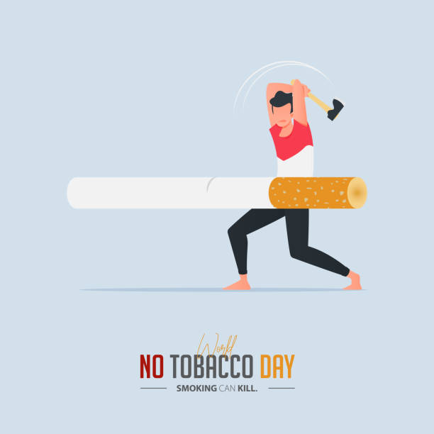May 31st World No Tobacco Day poster design. A man using an ax to cut the cigarette defines to a man is fighting to quit smoking. Stop smoking poster for awareness campaign. No smoking banner. Cartoon Vector May 31st World No Tobacco Day poster design. A man using an ax to cut the cigarette defines to a man is fighting to quit smoking. Stop smoking poster for awareness campaign. No smoking banner. Cartoon Vector Illustration. anti tobacco day stock illustrations