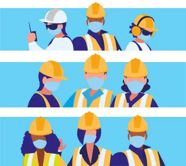 Vector illustration of Industrial workers working with face mask