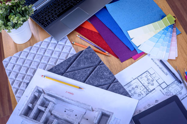 Top view of Architect - Interior designer's (Artist creative) work table / Home deco conceptual