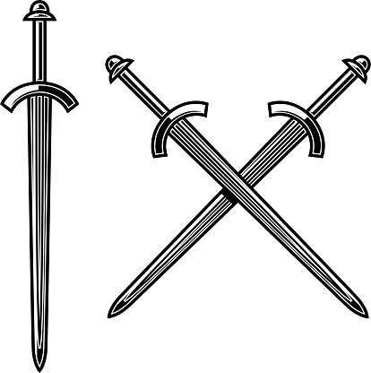 Illustration of crossed knight swords in engraving style. Design element for label, emblem, sign. Vector illustration