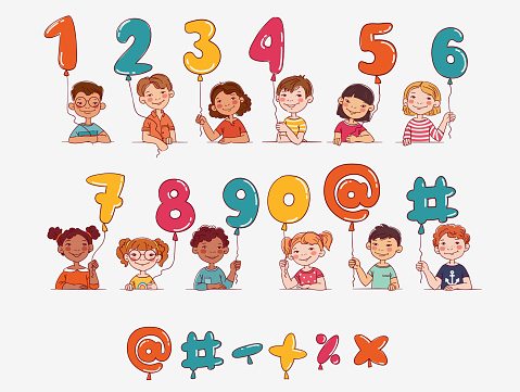 Funny kids with number balloons. Vector cute boys and girls collection. Multi-ethnic group of happy children. Different cartoon faces icons