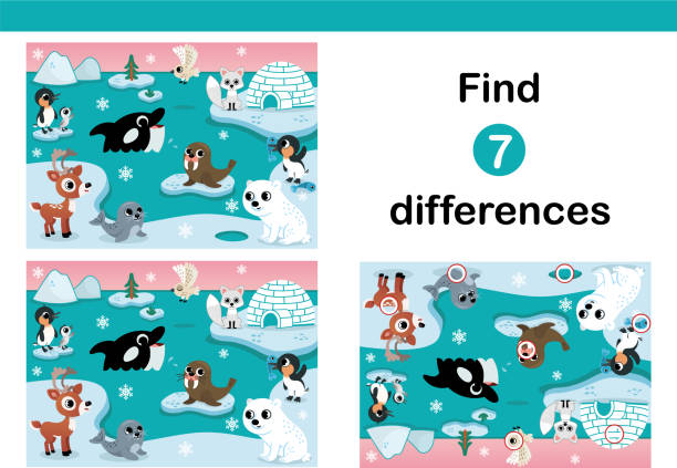 Find 7 Differences Education Game For Kids. Vector Illustration of Arctic animals.Find 7 differences education game for kids. arctic fox stock illustrations