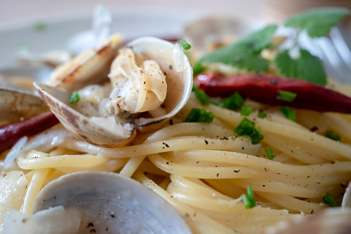homemade spaghetti with clam, cheese and herb