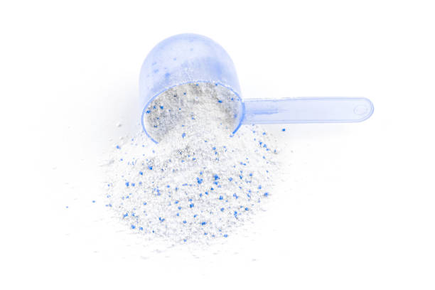 Detergent powder. Wash soap texture with cup for laundry isolated on white background. Liquid soap in scoop for machine. Housekeeping and household, domestic housework cleaning service concept