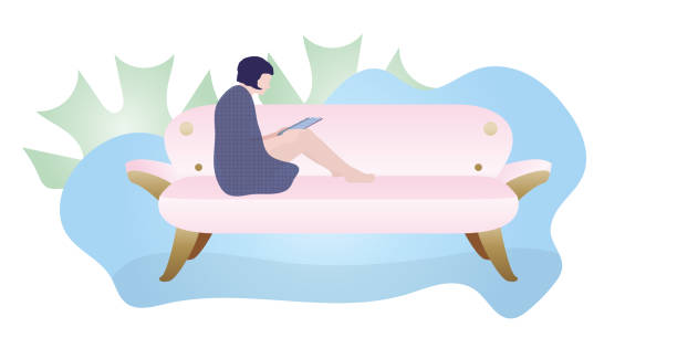 schönes mädchen mit kurzen haaren in karierten karierten liest ein interessantes buch, sitzen auf bequemen weichen sofa in ihrer wohnung. selbstisolation beim coronavirusausbruch. flache vektor-illustration. - short story stock-grafiken, -clipart, -cartoons und -symbole