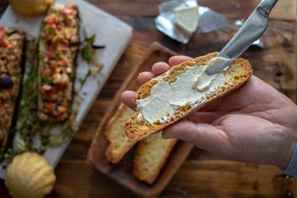 homemade breakfast: cream cheese toast and spicy toasted eggplant - cream cheese imagens e fotografias de stock