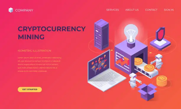 Vector illustration of Landing page for cryptocurrency mining