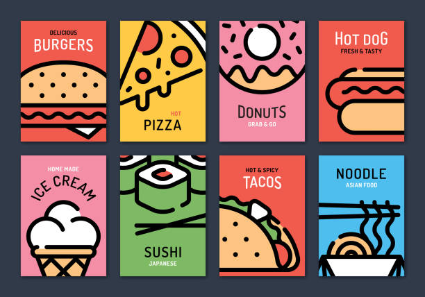 Street Fast Food Poster Set Vector fast food background poster set. Line street food icon illustrations. Flat simple restaurant banner concept. Modern flyer design for bar, cafe, stall, delivery, festival, market, fair, party pics for pizza pizza logo stock illustrations